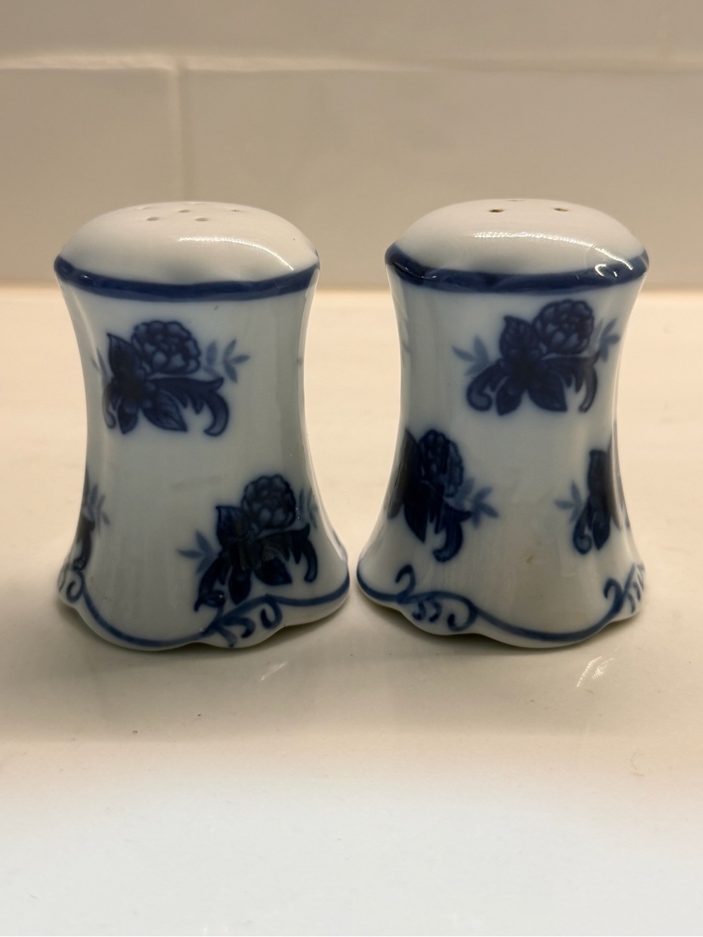 Blue and White Floral Porcelain Salt and Pepper Shakers